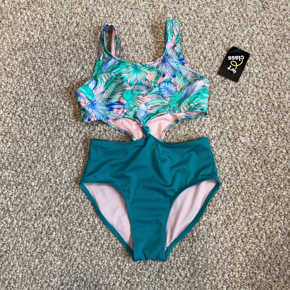 Art Class Girls Tropical Palm Print Cutout Swimsuit Teal Green‎ Size L 10/12